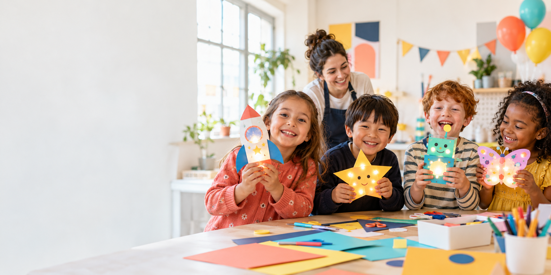 Happy children proudly holding their colourful light-up creations