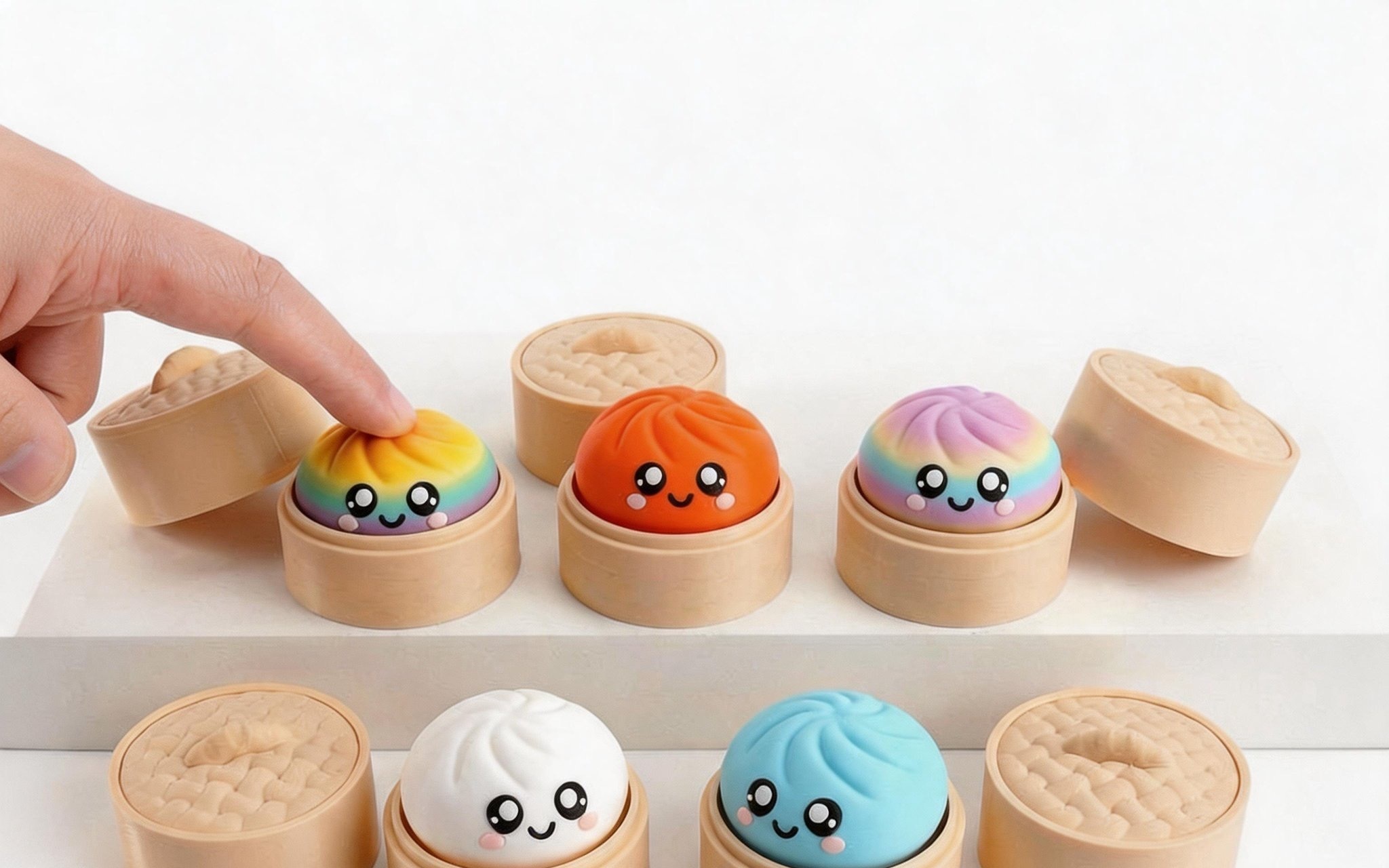 Colourful dumpling characters in bamboo baskets