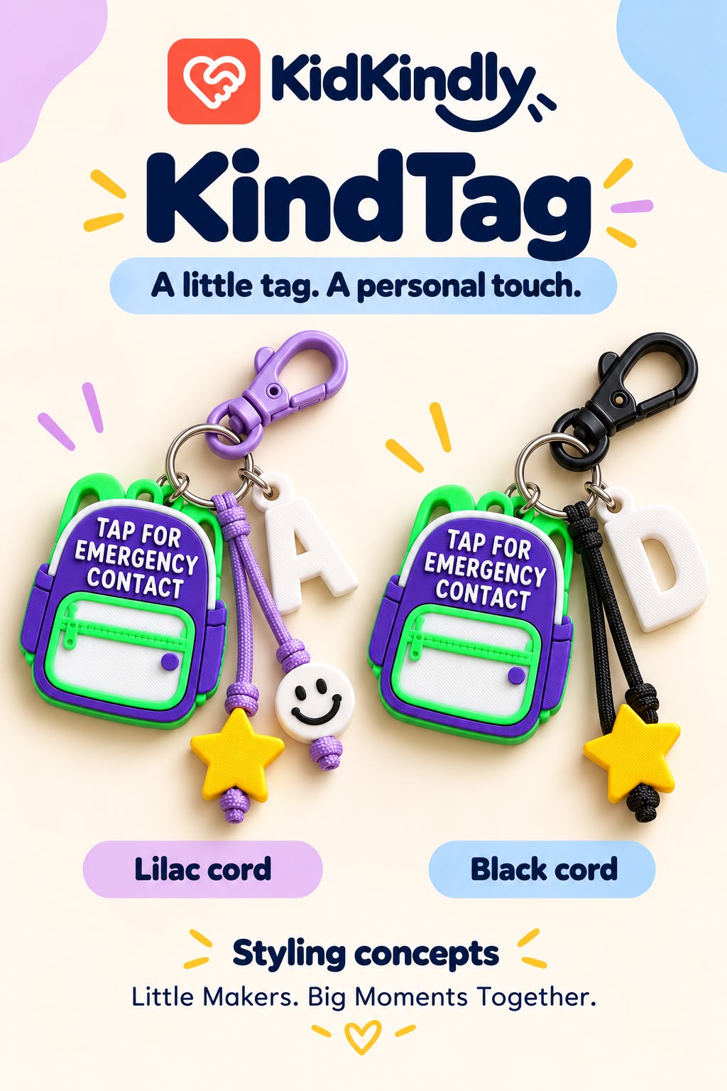 KidKindly backpack contact tags with lilac and black cord styling